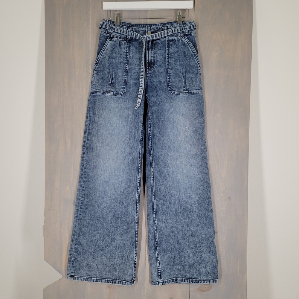 Hint of Blu Wide Leg Jeans Womens 30 Blue Acid Wash High Rise Tie Belt Utility